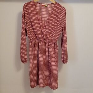 Vintage Fervour long sleeve dress. Red, white, navy blue pattern. Boho. Size M.